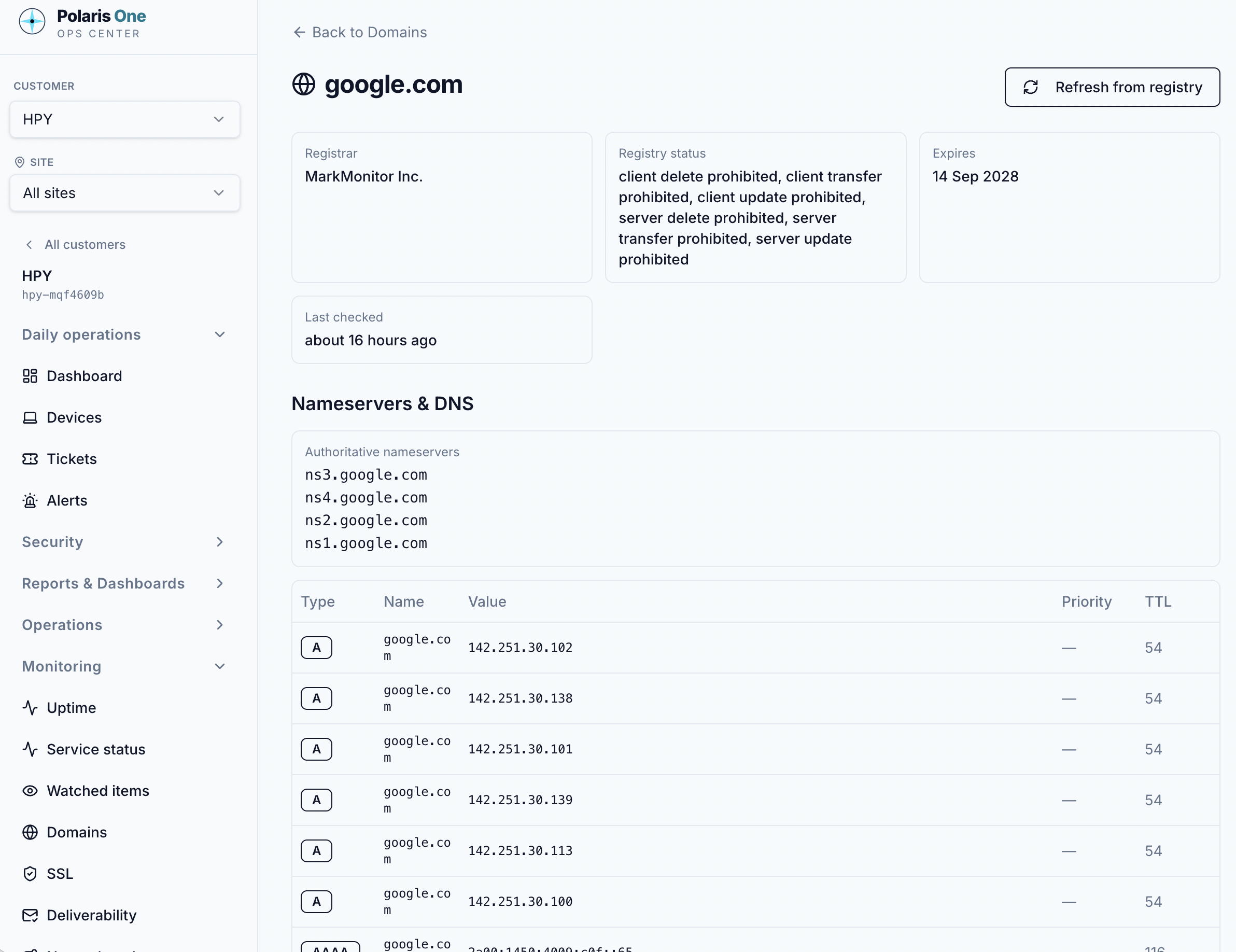Polaris One domain intelligence interface showing registration and DNS information