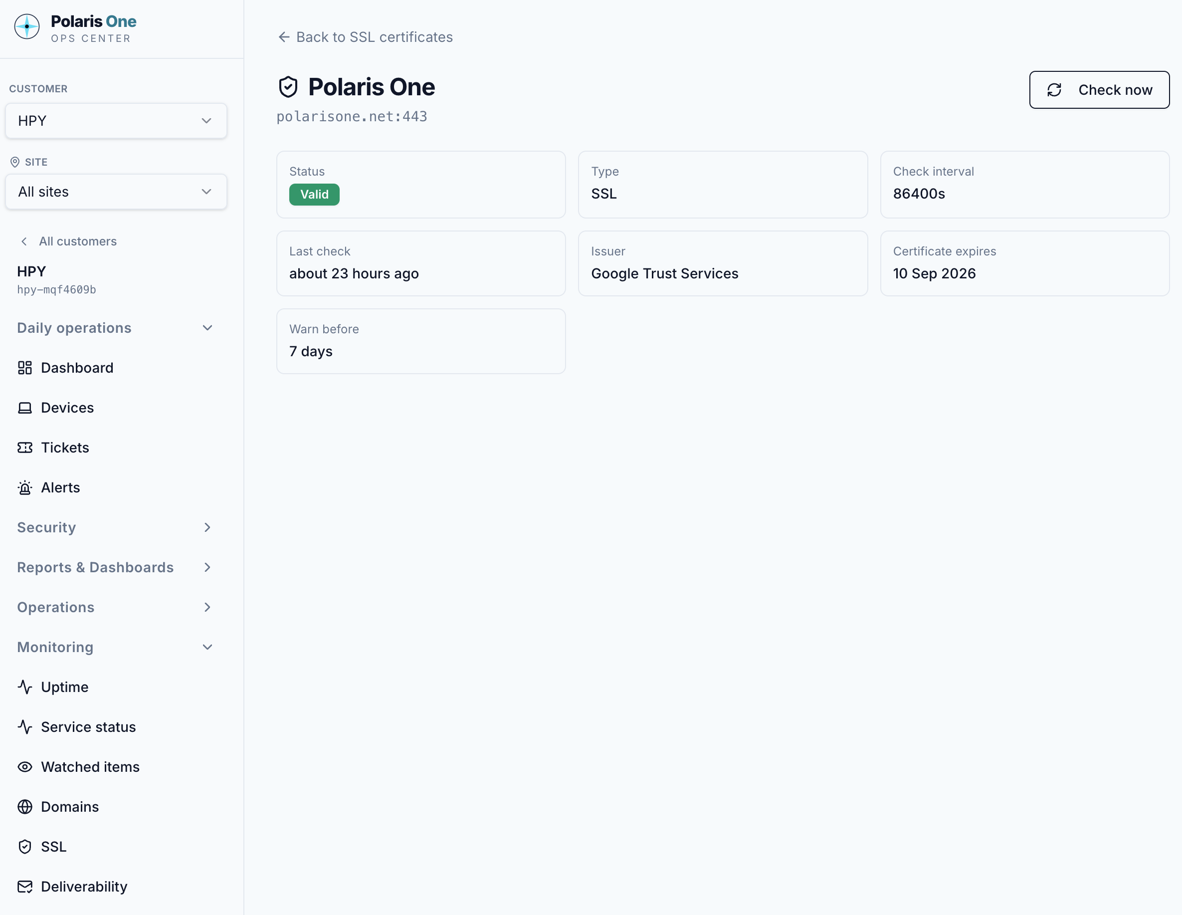 Polaris One SSL monitoring interface showing certificate status and expiry